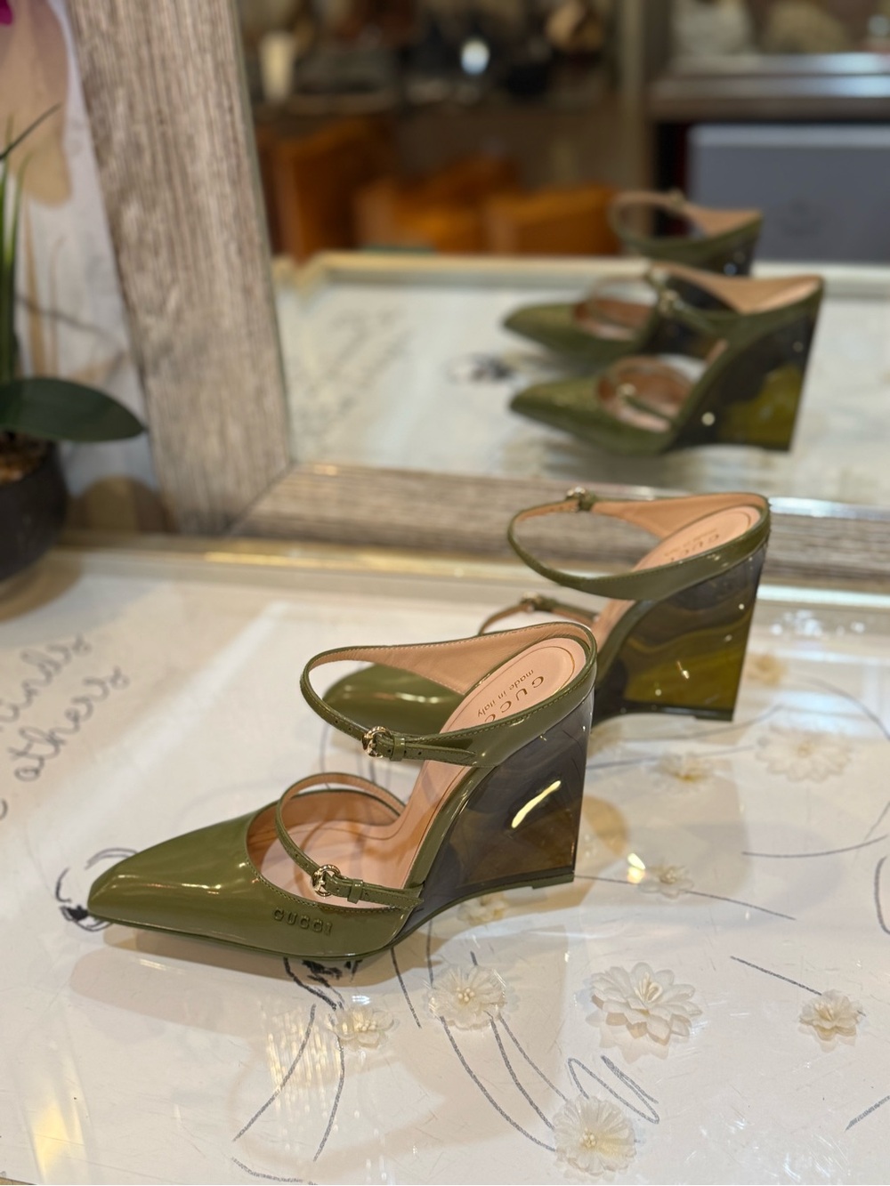 Gucci Olive Patent Leather Double-Strap Wedge Pumps - Picture 7 of 13
